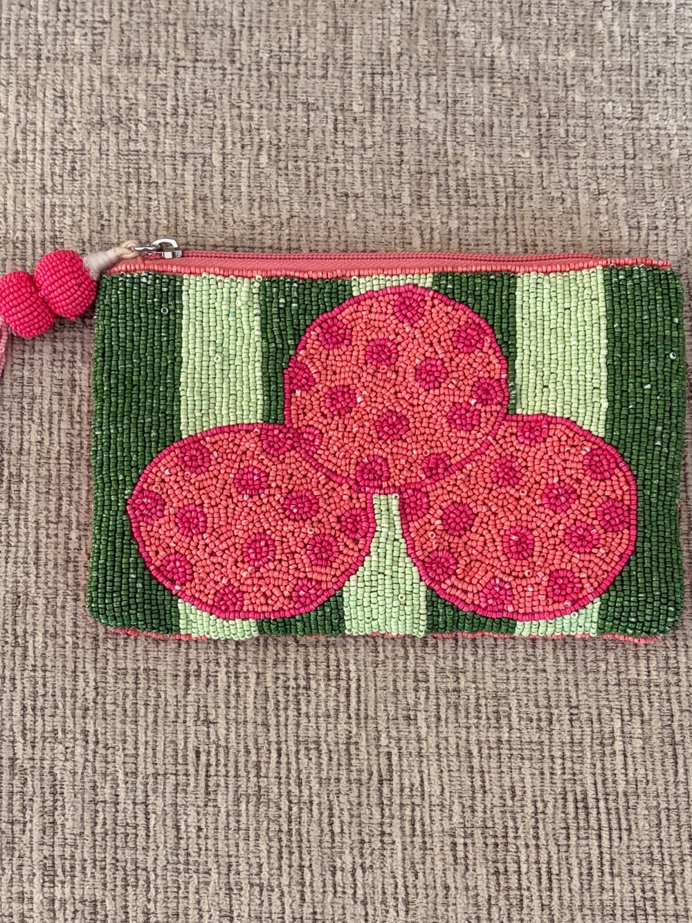 Beaded Pink & Green Pomegranate Clutch with Tassel Pull
